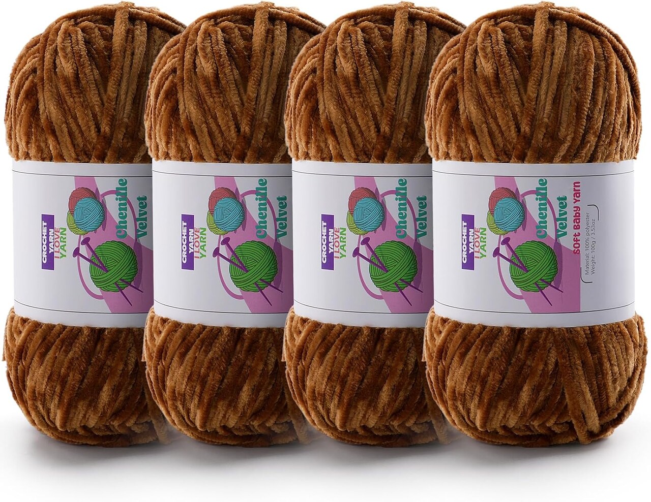 524.8 Yards - 4 Skeins Soft Chunky Chenille Yarn (Dark Brown)